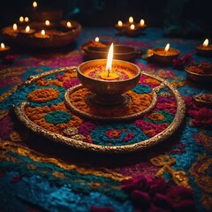 Diwali Celebration with Lit Candles and Decorative Powder Rangoli