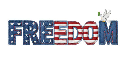 Patriotic 'FREEDOM' text with US flag elements and a dove of peace, perfect for Fourth of July, Memorial Day, Veterans Day, or human rights themes. Isolated on white & transparent background.