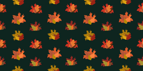 Seamless vector pattern of scattered autumn leaf clusters in rich fall colors on a dark green background. Ideal for seasonal designs, fabrics, gift wrap and digital backgrounds.