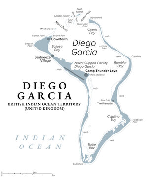 Diego Garcia, the largest island of the Chagos Archipelago, gray political map. British Indian Ocean Territory, BIOT, and site of a Joint Military Facility of the United Kingdom and the United States.