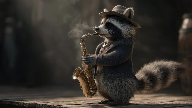 Stylish raccoon jazz player in a suit playing saxophone on stage, evoking a moody and soulful performance in a loopable animated concert scene.

