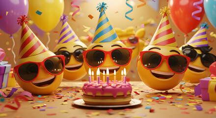 Cheerful Emoji Characters Wearing Party Hats Sunglasses Celebrating with Birthday Cake and Confetti