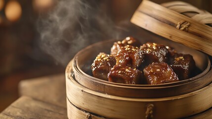 Steaming Meat Cubes in Bamboo Steamer with Garnish