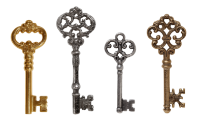 Set of ornate antique skeleton keys in gold, bronze, and silver tones isolated on a transparent PNG
