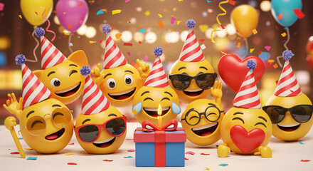 Happy Emoji Balloons Wearing Party Hats Celebrating with Confetti and Gift Box