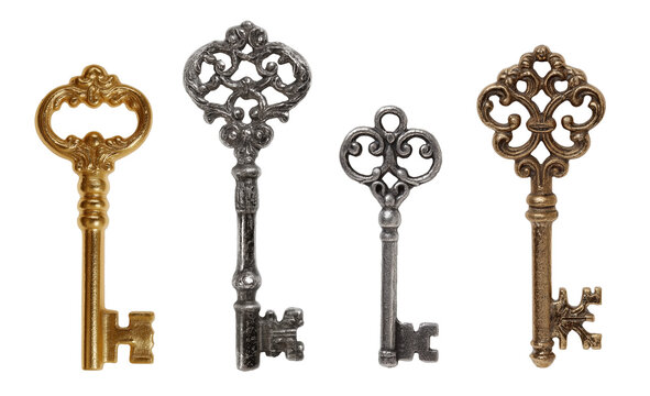 Set of ornate antique skeleton keys in gold, bronze, and silver tones isolated on a transparent PNG
