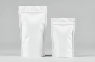 Blank craft plastic pouch, black packages big and small on white background, mylar bags isolated for coffee or food, cosmetic products, snack, candy. Different sizes, mock up. white background.