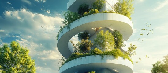 Sustainable Building Tower With Spiral Ramp And Garden