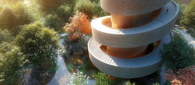 Sustainable Building Tower With Spiral Ramp And Garden - Powered by Adobe