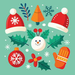 Christmas Icon Set Santa Hat Glove Holly Leaves and Ornament Design