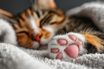 Tabby cat sleeping on white blanket. Close up of paws and nose of resting kitten