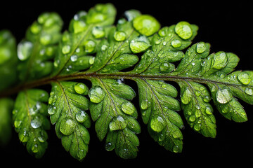 Green fern leaf with transparent water droplets against black background. Macro shot of plant with dew drops