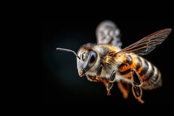 Flying honey bee, macro shot. Macro shot of insect isolated on black background
