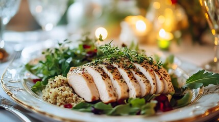 Sliced Chicken Breast with Quinoa and Greens on Plate