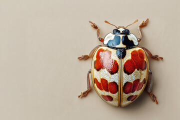 Ladybug with red wings and black spots on neutral surface, top view. Macro shot of coccinellidae insect