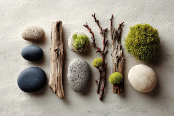 Flat lay composition with natural stones, dry twigs and moss on textured surface. Minimalist arrangement for wellness, eco design or organic product