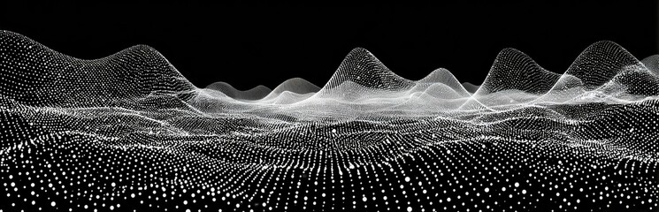 Abstract grayscale image depicting a digital landscape of undulating hills and valleys, composed of countless tiny dots forming a mesh-like structure against a black background