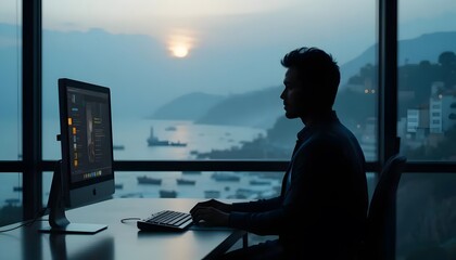 Man working on computer with sea view, remote work, digital nomad, home office setup, coding