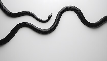 Two black snakes intertwining on a white background.