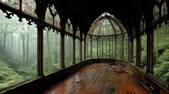 Abandoned Greenhouse Interior in Forest