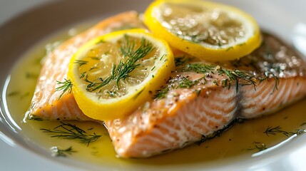 Serving of Baked Salmon with Lemon and Dill Garnish