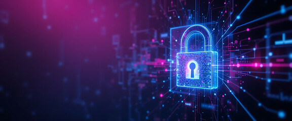 abstract cyber protection theme network style dark purple, pink, and blue gradient blending background on the left wall glass with digital 3d lock in the middle, shimmering, quince, negative clean spa