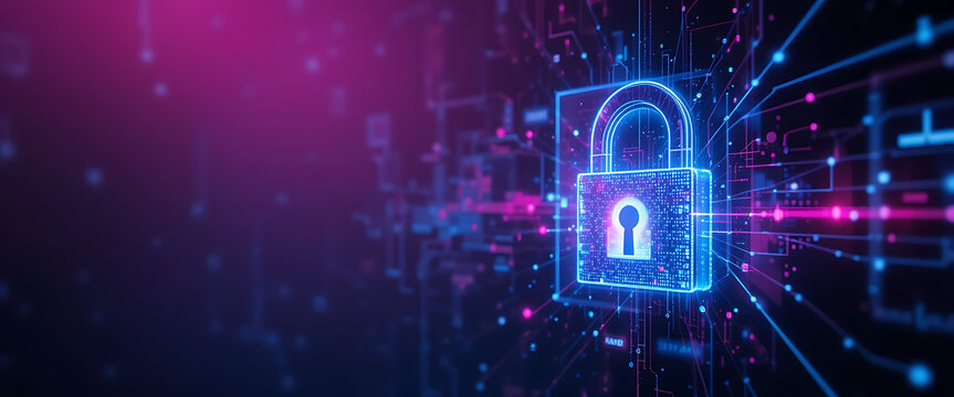 abstract cyber protection theme network style dark purple, pink, and blue gradient blending background on the left wall glass with digital 3d lock in the middle, shimmering, quince, negative clean spa