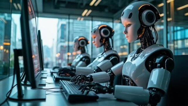 Robots in the Technological Hub: A futuristic tableau of intelligent robots immersed in their tasks, a perfect embodiment of modern technology's evolution and the ever-changing landscape of work.