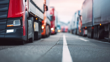 Row of colorful cargo trucks in a queue on the highway at sunset, concept for transportation logistics and freight congestion