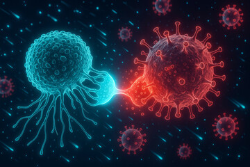 Futuristic biomedical illustration of an immune cell engaging a virus. A glowing synapse forms at the contact point, showing targeted cellular response in action.
