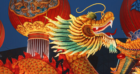 Beijing, China. Large Lantern Composition At Zigong Lantern Festival. National Color. Chinese Dragon Is Legendary Creature In Chinese Mythology Symbolize Potent And Auspicious Powers, Particularly
