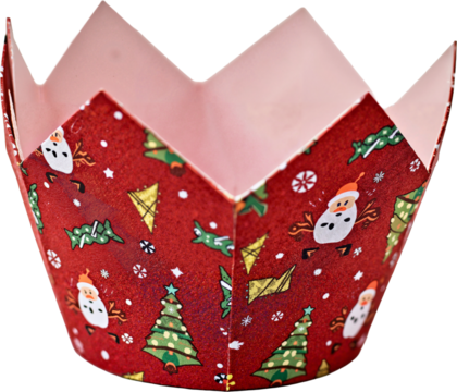Festive holiday cupcake liners with Christmas patterns isolated on transparent background for baking and party decorations.