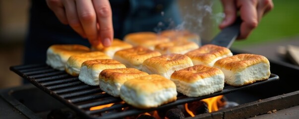 Grilled marshmallows, close-up; hands gently turning them , roasting, food photography