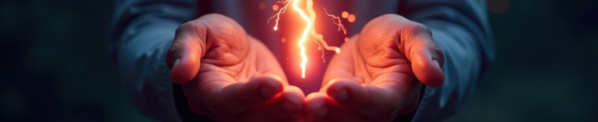 Hands holding glowing lightning bolt, symbolizing power , business, goal