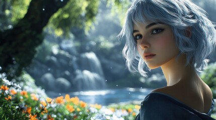 A woman with white hair standing confidently in a lush green park, with blooming flowers and a serene pond in the background, under a bright blue sky.