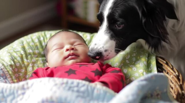 A Dog Gently Leaning Over a Sleeping Baby in a Basket. A Tender and Protective Scene with a Border Collie. An Intimate Interaction Between a Baby and a Pet. A Heartwarming Footage