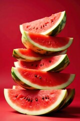 Juicy watermelon slices piled high, vibrant red and green , food photography, texture