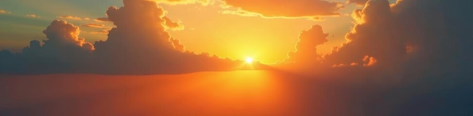 Golden sun rays pierce through gaps in sunset clouds, illuminating landscape , red, yellow