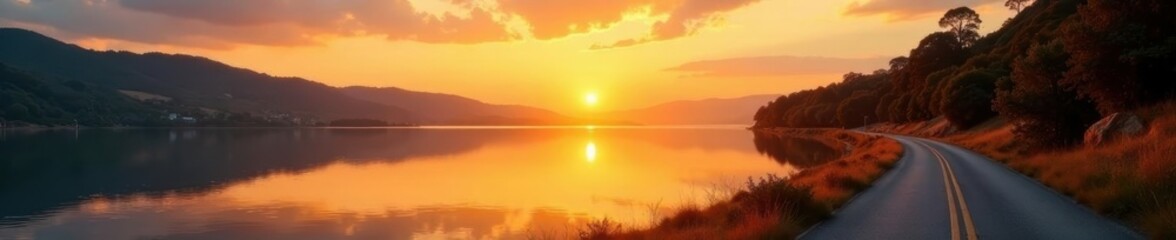 Golden sunset reflects on calm lake, road curves alongside , reflection, spring