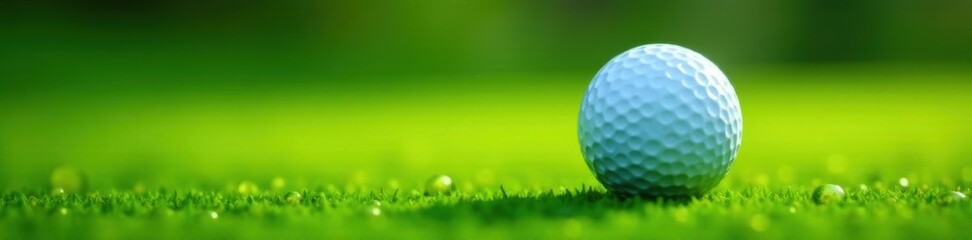 Golf ball nestled in vibrant green putting surface, dew drops visible, close-up, outdoor
