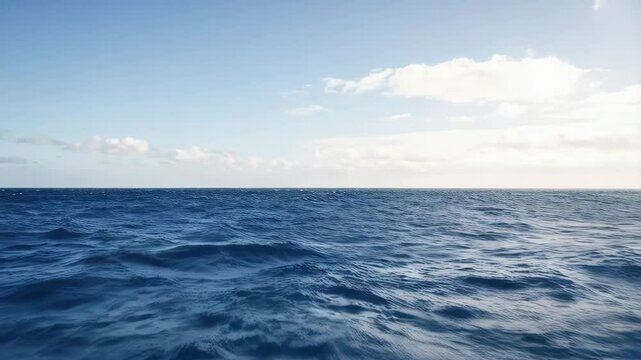 View of tranquil open ocean with deep blue rolling waves under a serene blue sky with soft, diffused clouds at daytime, distant horizon - Powered by Adobe