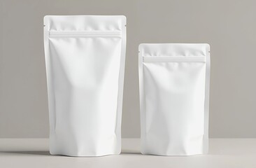 Blank craft plastic pouch, black packages big and small on white background, mylar bags isolated for coffee or food, cosmetic products, snack, candy. Different sizes, mock up. white background.