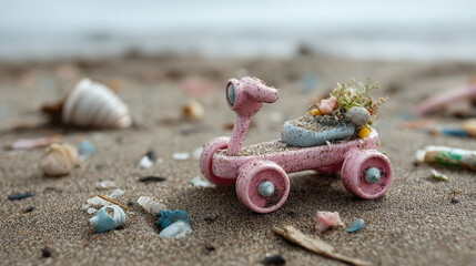 Microplastics concept ,Abandoned beach toy covered in microplastics, surrounded by shells and debris
