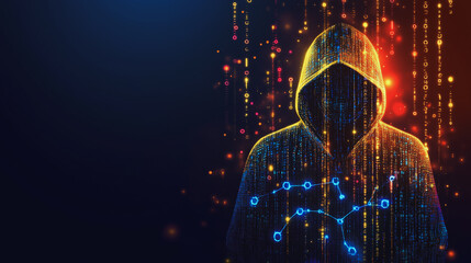 Hacker are planning to hack and attack networks and cyber security systems and stands on the peak of success amid tall, innovative Smart city and graphs with statistics to analyze business potential
