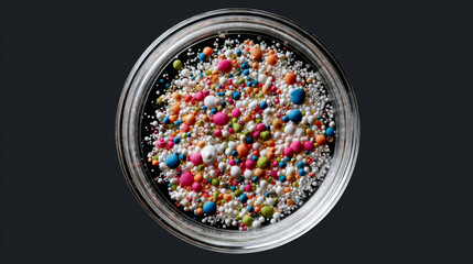 Microplastics concept ,Colorful microplastics in lab Petri dish create vibrant and intriguing visual display