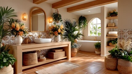 Cozy terracotta bathroom with hanging plants high resolution picture