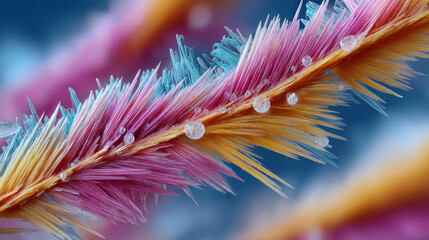 Microplastics concept ,Microplastic fiber under microscope, showcasing vibrant colors and water droplets