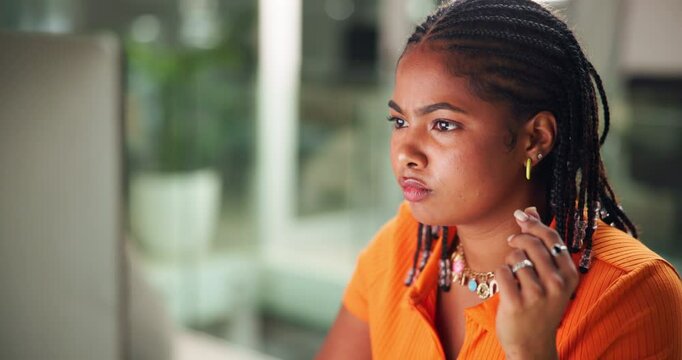 Black woman, student or thinking with computer for research, project deadline or design at university. Female person, learner or academic scholar with technology for assignment or solution at college