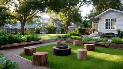 Cozy backyard with fire pit and wooden stools in lush garden setting