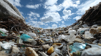 Microplastics concept ,beach covered plastic debris and glass fragments, with clear blue sky above, evokes sense